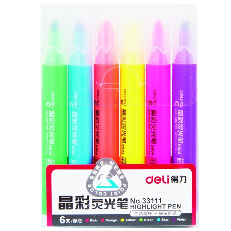 得力(deli)33111荧光笔标记笔学生用6色套装记号笔莹光彩色笔粗细划重点闪光笔标记笔夜光银光的笔三角杆笔涂鸦彩绘