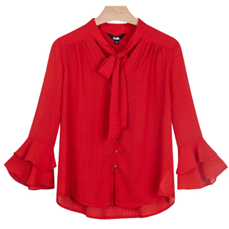 拉夏贝尔秋季雪纺衬衣女V领漏锁骨法式系带荷叶边喇叭袖上衣衬衫20012460