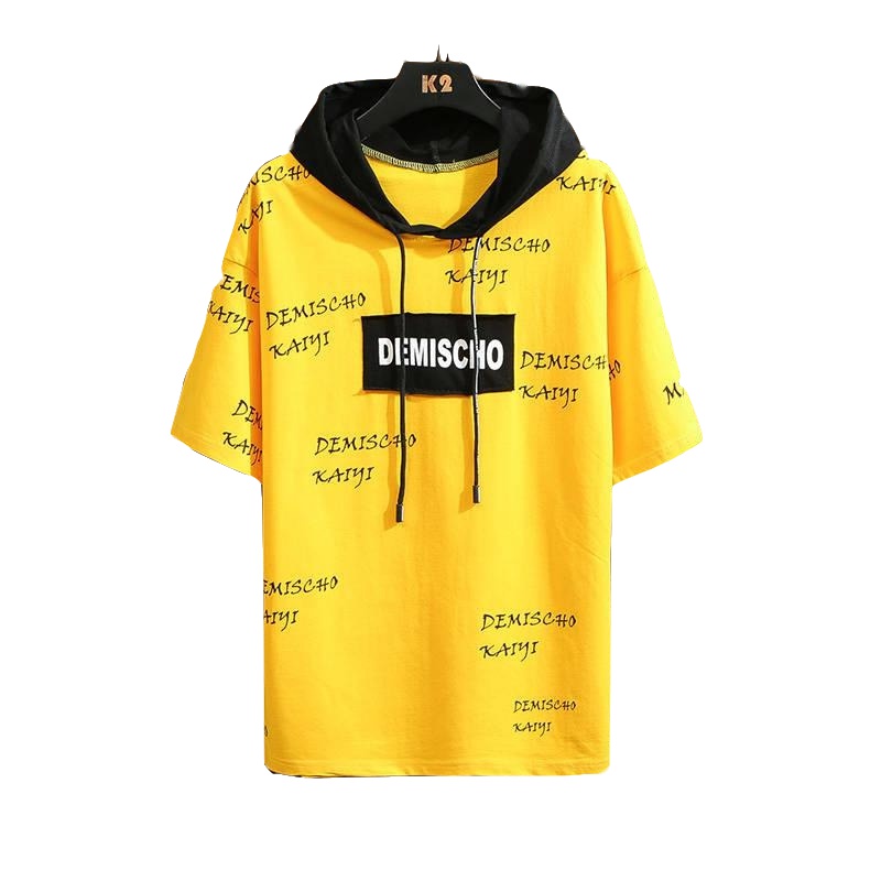 夏季新款短袖连帽套头卫衣男学生宽松5分袖青少年潮流中袖纯色棉 威珺