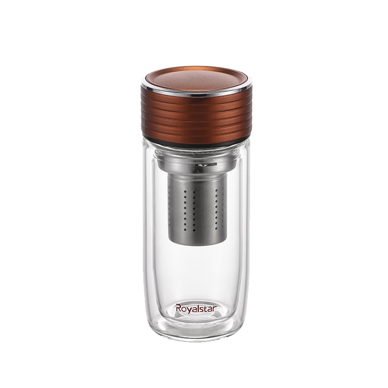 荣事达茗品玻璃杯家用水杯加厚双层耐高温茶杯不锈钢500ml大容量保温杯 RB1802咖啡色