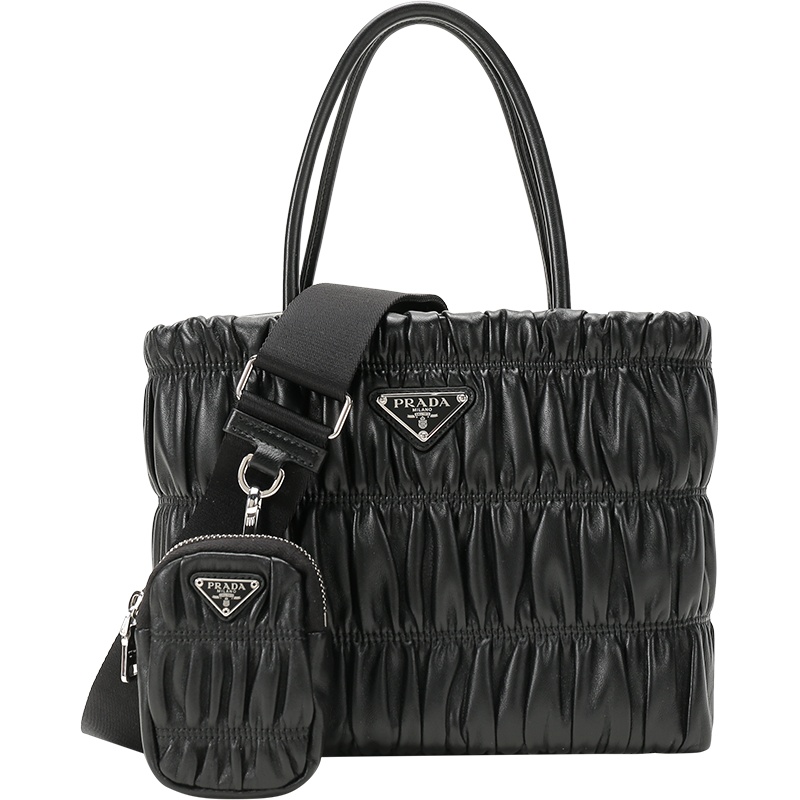 PRADA 普拉达 女士 羊皮褶皱手提单肩斜挎包带挂饰零钱包 1BG321 QRD