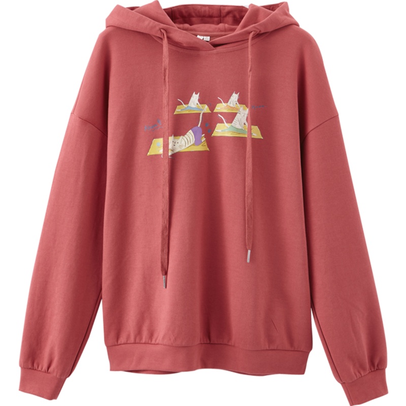 茵曼卫衣女2019秋装新款套头连帽落肩袖宽松可爱印花慵懒风上衣