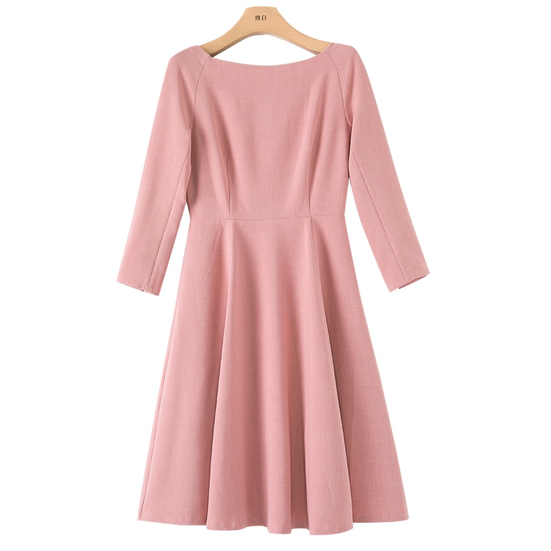 晚白2021春季新品淑女纯色修身显瘦圆领高腰A字百搭时尚连衣裙女