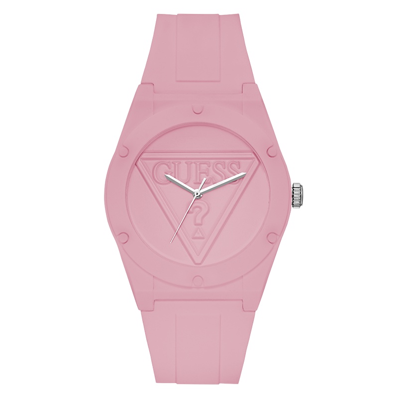 GUESS倒三角LOGO浮雕粉色石英硅胶腕表W0979L5