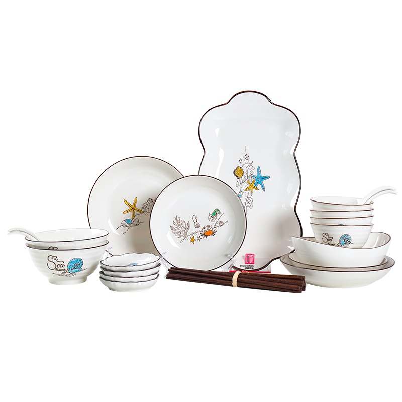 顺祥陶瓷24头碗碟套装 碗盘碟带筷子实用现代简约 釉下彩餐具套装 新希望-海洋系列 苏宁自营