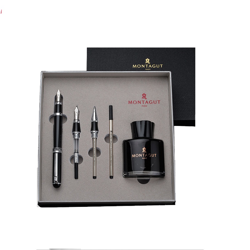 梦特娇(Montagut)黑丽雅银夹钢笔+双笔尖+笔芯+墨水套装 签字笔 签名笔 墨水笔 白领钢笔礼盒装