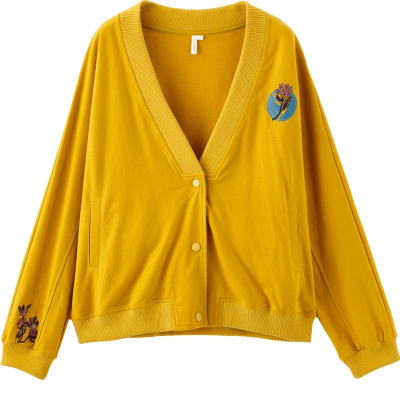 茵曼短外套女2019秋装新款V领落肩袖宽松绣花文艺色外搭上衣