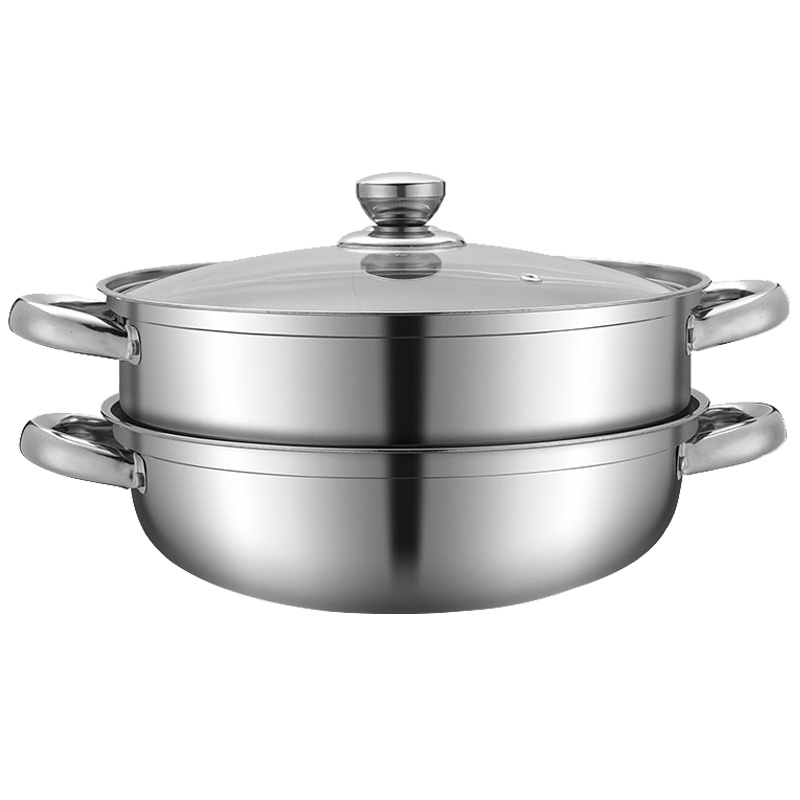 苏德乐双耳锅具家用蒸锅小火锅不锈钢锅电磁炉锅小汤锅加厚火锅迷你通用 28cm[火锅不带蒸格]玻璃盖