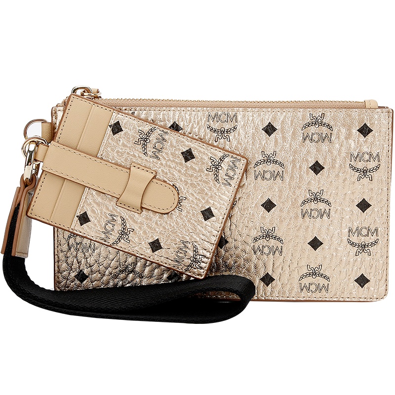 MCM 奢侈品 女士新款香槟金色人造革手拿包手拎包配卡包礼物送女友 MXZASVI12T1001