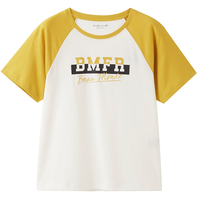 佐丹奴印花T恤衫女装新款牛角袖撞色英文t恤女短袖13320210