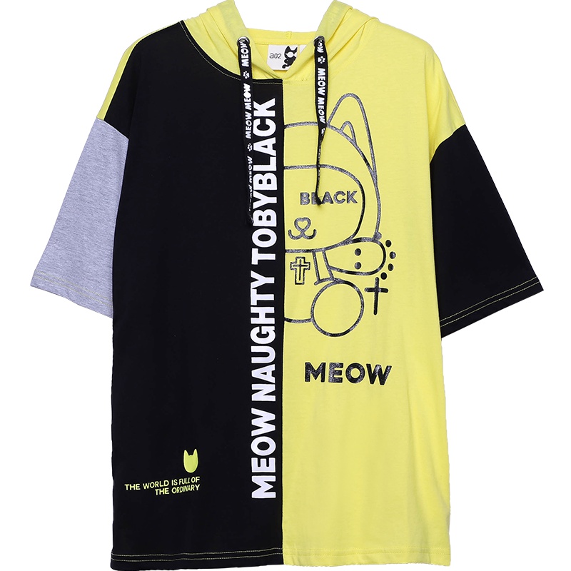 a02新款个性拼接款印花宽松连帽T恤女潮DTU1B0341KT