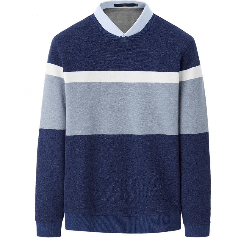 HLA海澜之家条纹双领针织衫2019冬季舒适加绒保暖假两件男 HNTJD4R098A