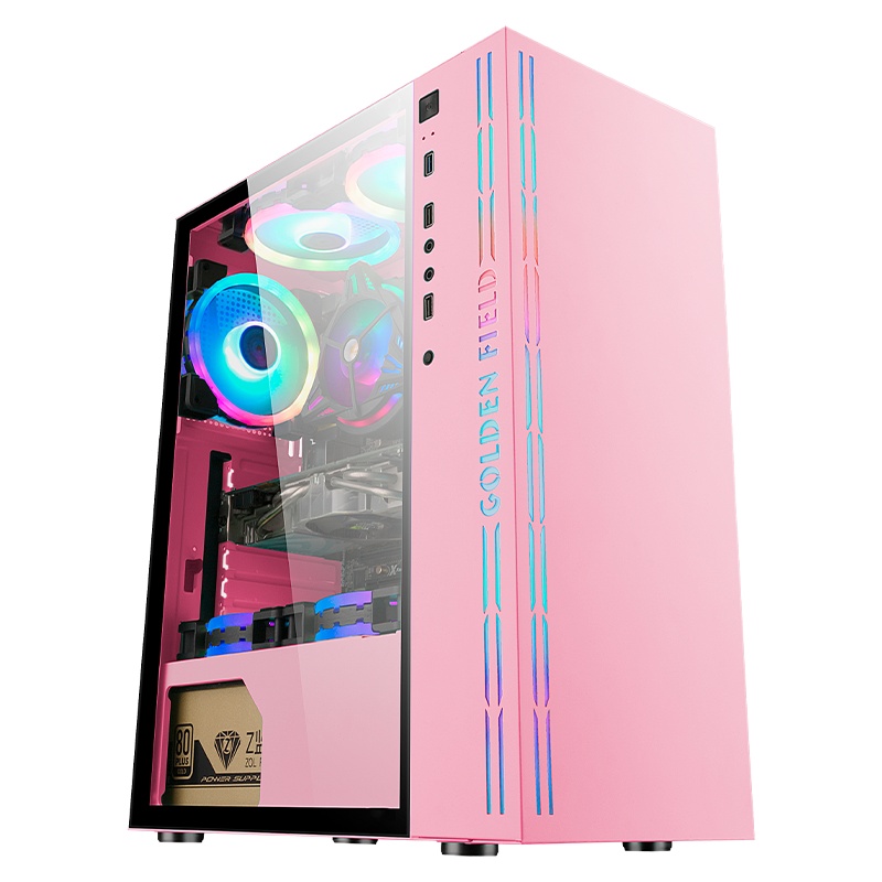金河田魔爪粉电脑机箱台式机钢化玻璃diy水冷游戏粉色主机空箱atx