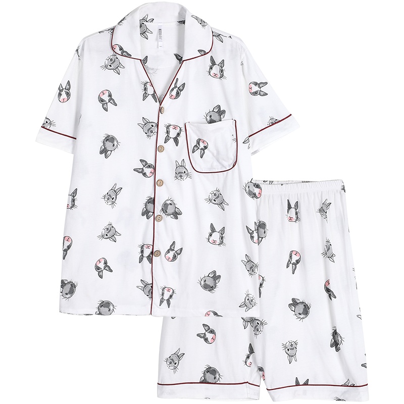 红豆居家(Hodohome)20年春夏新款情侣纯棉睡衣男士女士短袖卡通兔子印花家居服套装
