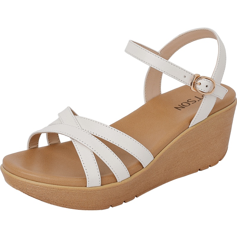 百田森夏季新款高跟坡跟凉鞋女厚底露趾一字式扣带百搭女鞋_1