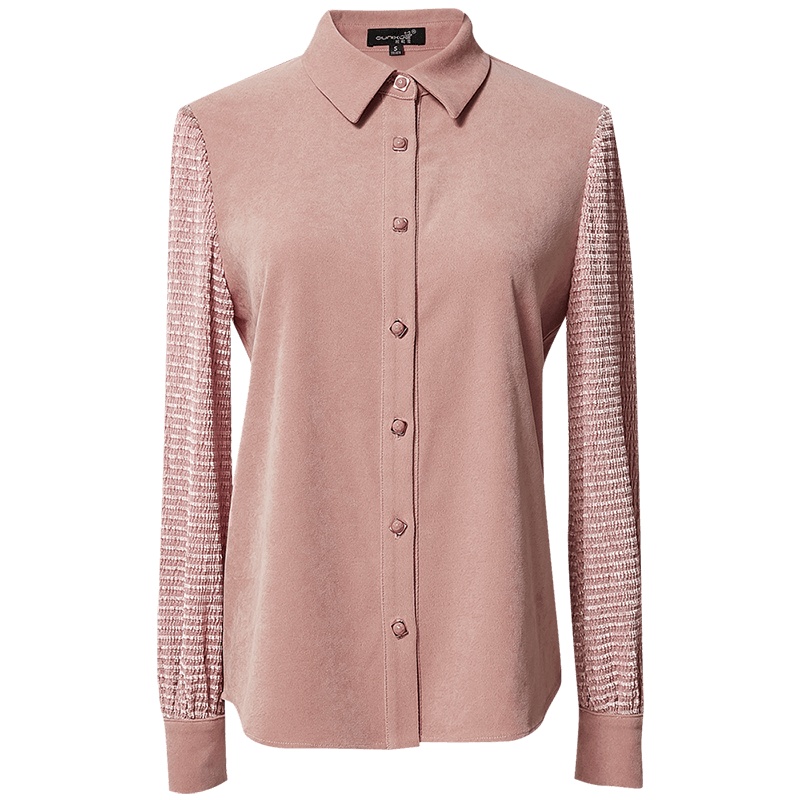 欧昵雪秋冬翻领拼接丝绒长袖显瘦衬衫上衣女小众设计衬衣