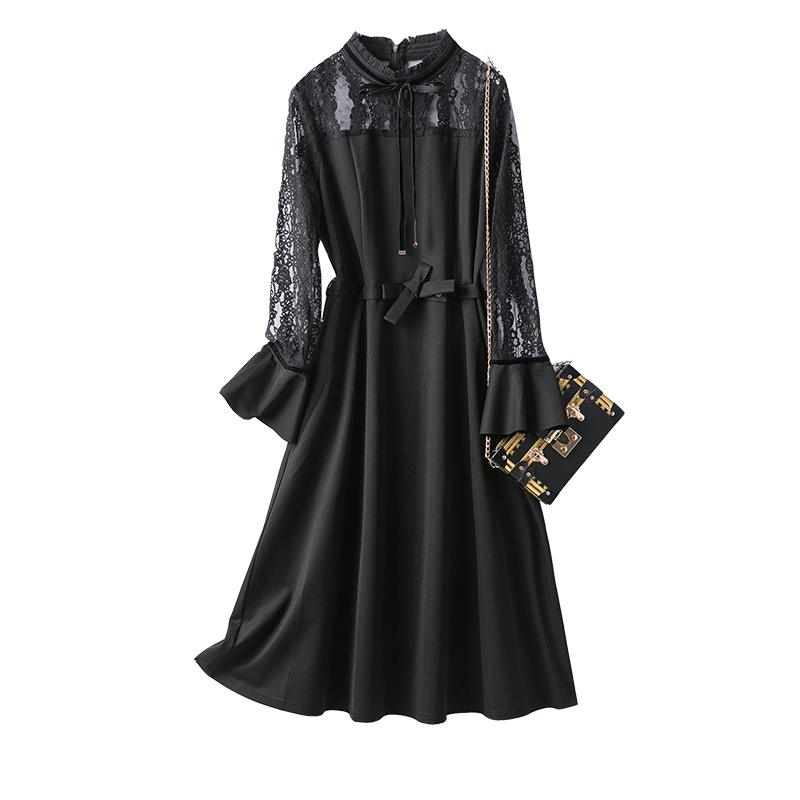 恒源祥2020春夏新款重工连衣裙蕾丝拼接黑色复古喇叭袖长袖中裙