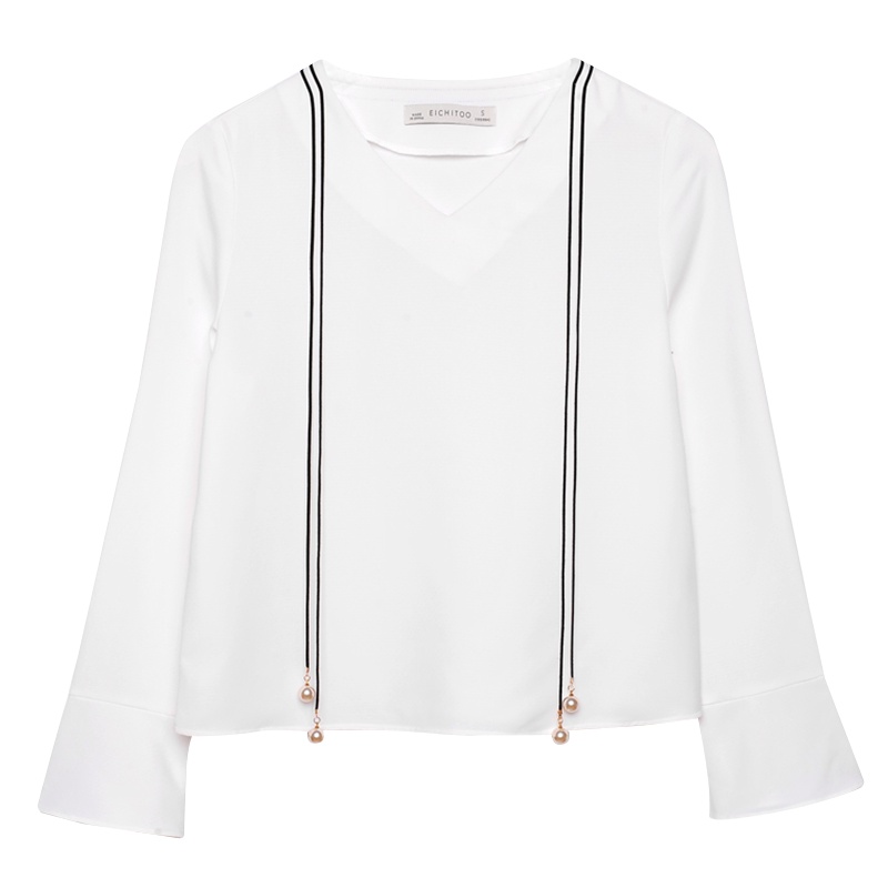 2019爱居兔春装女装白色宽松舒适微喇长袖梭织上衣