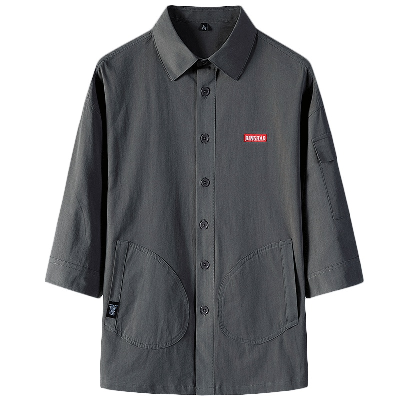 稻草人短袖衬衫男2019夏季新品宽松韩版纯棉休闲七分袖衬衫男