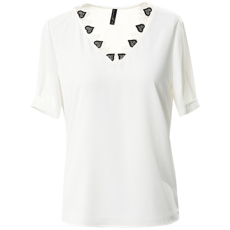 欧昵雪夏季设计感小众花边v领短袖上衣女洋气显瘦小衫