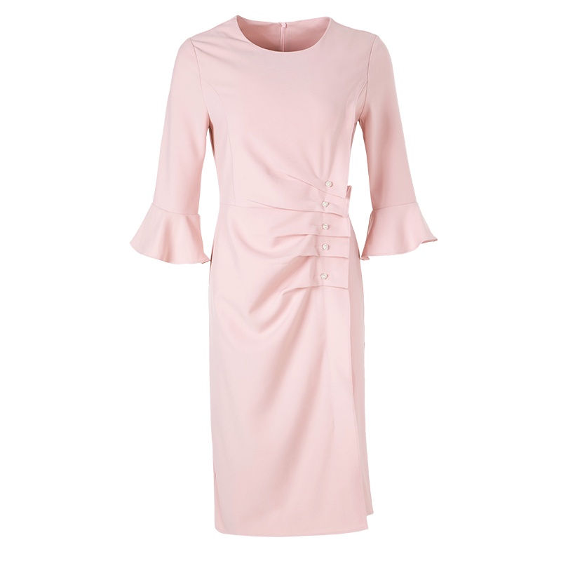 晚白2021春季新品名媛淑女纯色圆领修身显瘦抽褶包臀裙连衣裙女