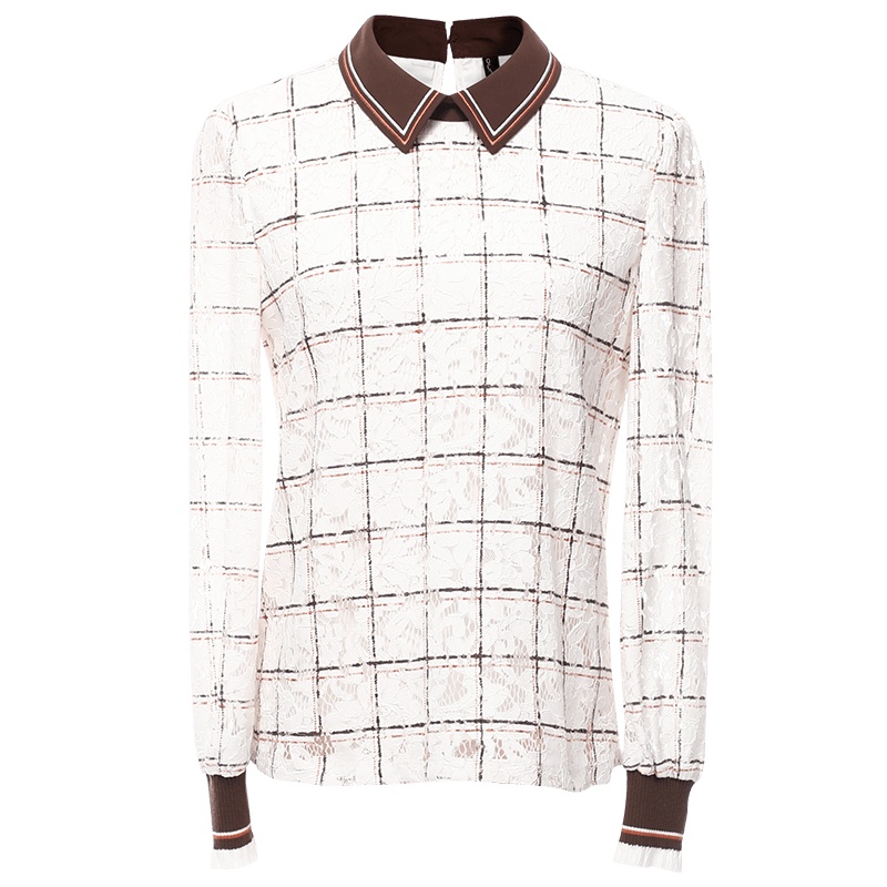 欧昵雪气质撞色Polo领印花格子蕾丝衫女套头长袖小衫