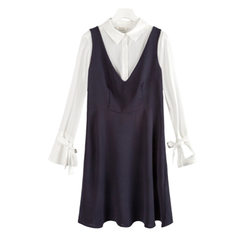 【专柜同款】拉贝缇夏季女淑女气质中长裙衬衫领假两件雪纺连衣裙