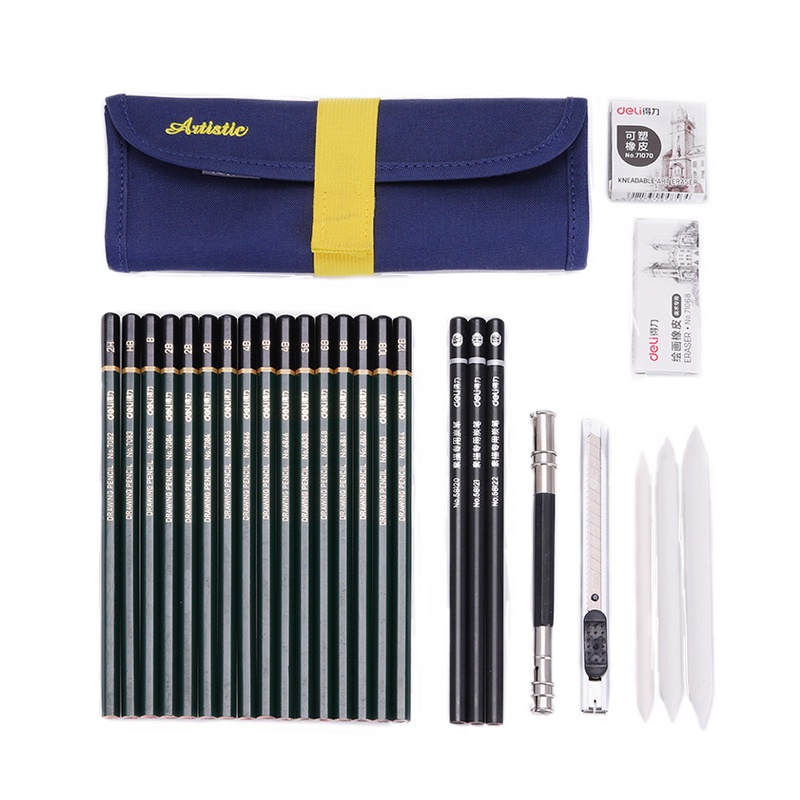 得力deli58125学生素描套装 初学者画画铅笔绘画专业27件套 绘画工具笔帘软中硬素描炭笔擦纸笔绘画橡皮