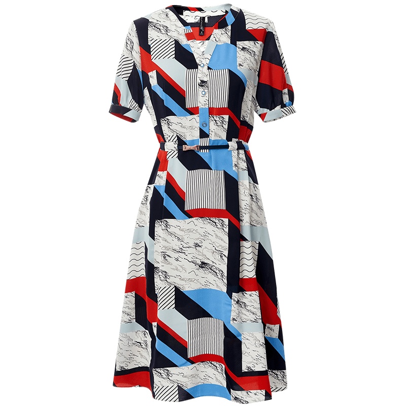 欧昵雪夏装小众半开领收腰几何印花连衣裙女显瘦a字中裙
