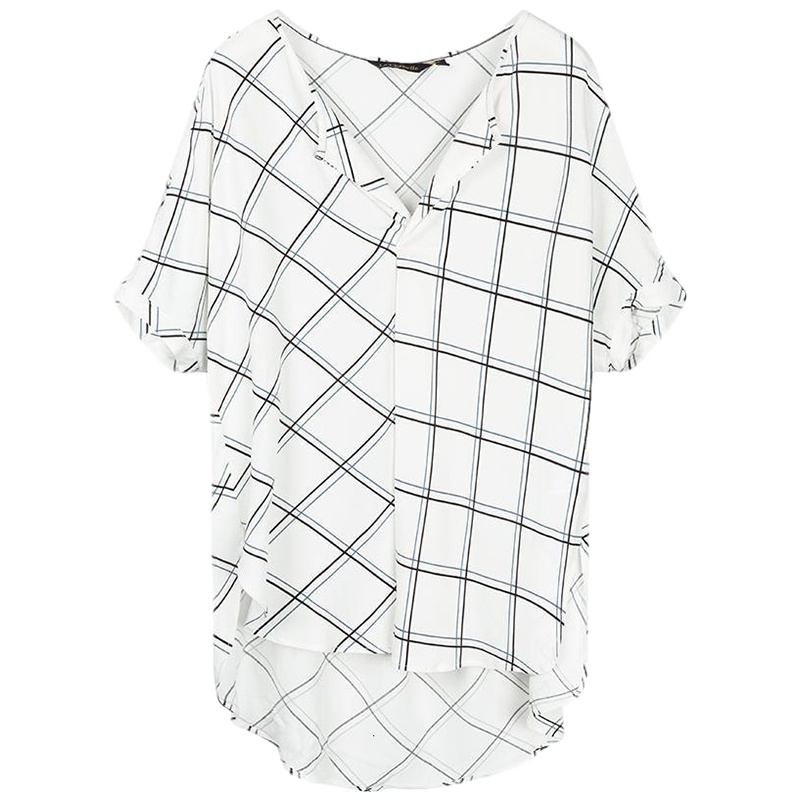 拉夏贝尔格子衬衫女宽松韩版短袖夏装新款V领漏锁骨上衣浅色百搭衬衣_633 S 格子混色