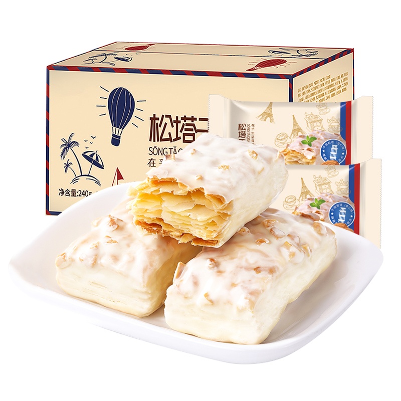 [满199减125元]比比赞松塔千层酥饼干整箱240g办公室代餐充饥夜宵零食小吃的休闲饼干
