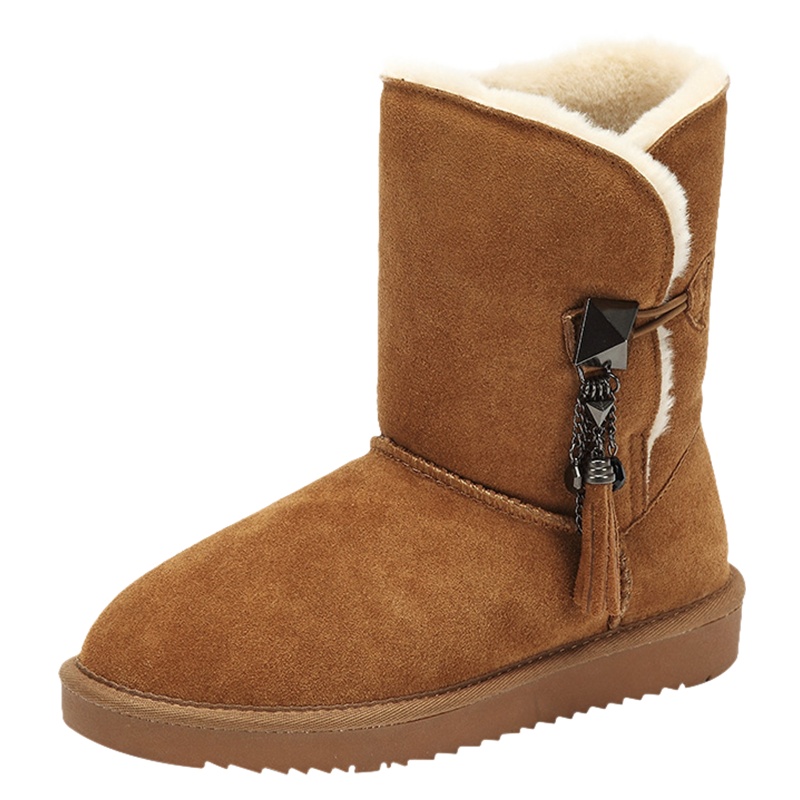 达芙妮雪地靴冬新款真皮加绒加厚流苏中筒女短靴