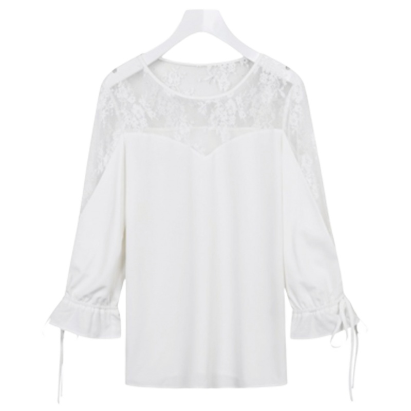 【专柜同款】拉夏贝尔夏拉夏贝尔透视网纱拼接洋气时尚上衣韩版系带蕾丝衫10015782