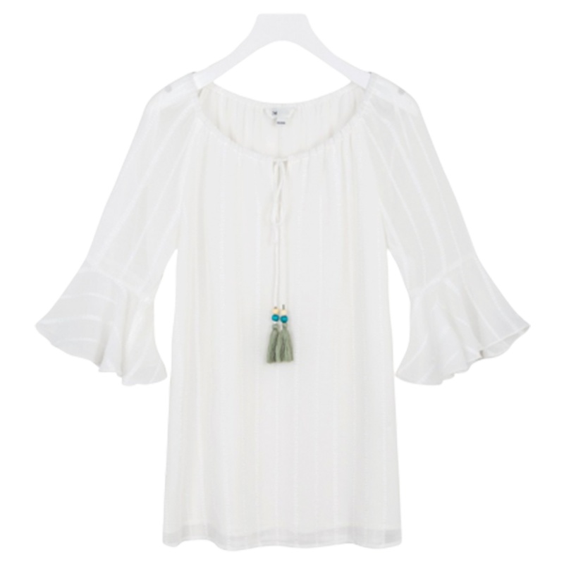 【专柜同款】拉夏贝尔系带宽松荷叶边雪纺白衬衫女短袖夏季新款韩版淑女立领衬衣70010265 本白 S