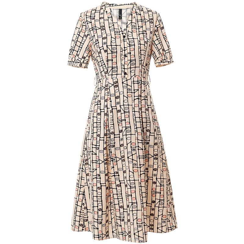 欧昵雪夏季新ins复古半开领高腰印花连衣裙女设计感显瘦a字裙