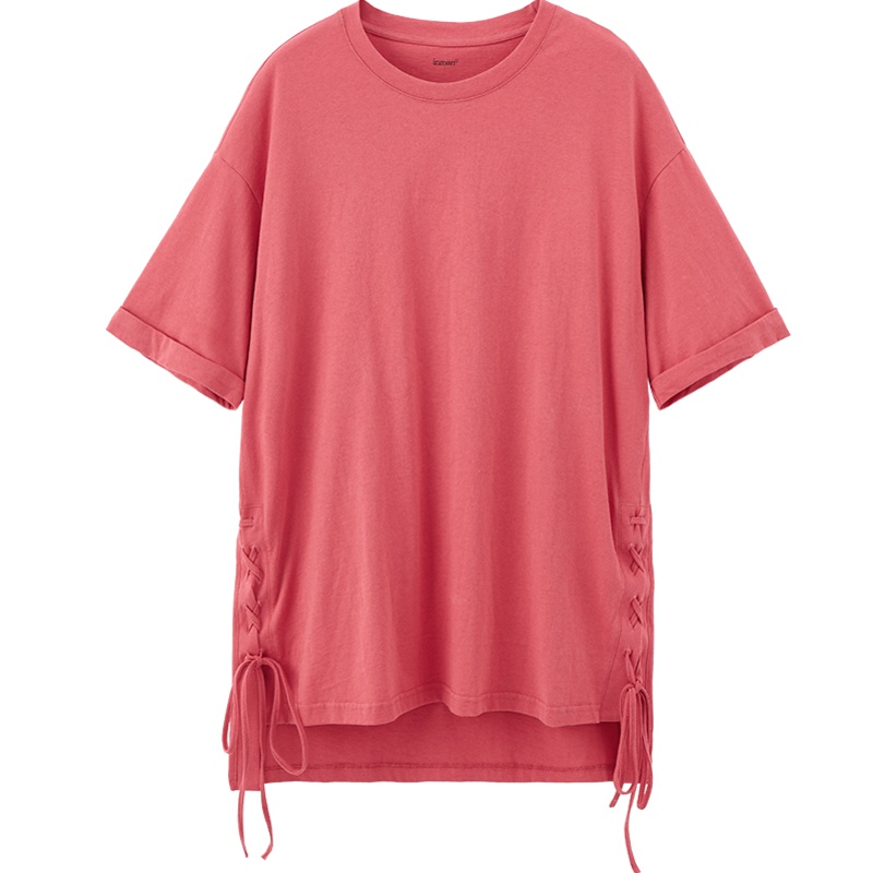 茵曼T恤女2019秋装新款圆领落肩袖宽松印花百搭前短后长系带上衣
