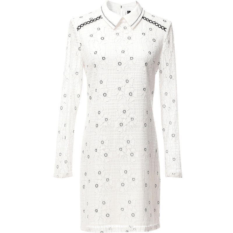 欧昵雪秋装衬衫领拼接镂空花边长袖套头显瘦蕾丝连衣裙女