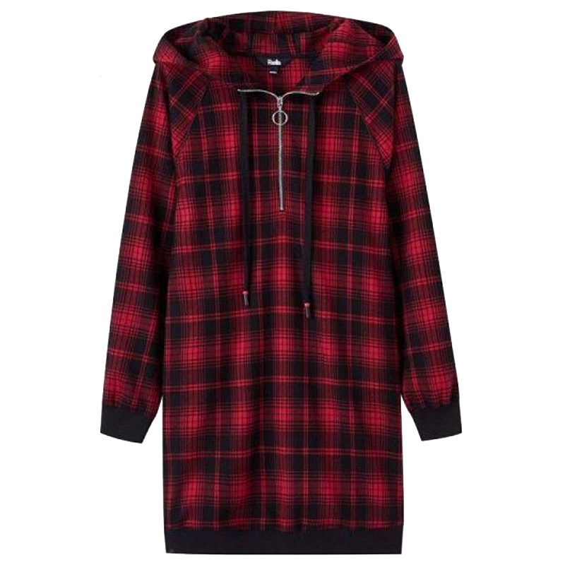 【专柜同款】拉夏贝尔秋冬撞色条纹格子卫衣裙韩版宽松中长款长袖内搭连衣裙女20012498