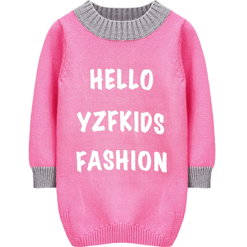 婴姿坊冬季女童中长款拼色针织衫时尚字母印花女宝宝个性休闲毛衣