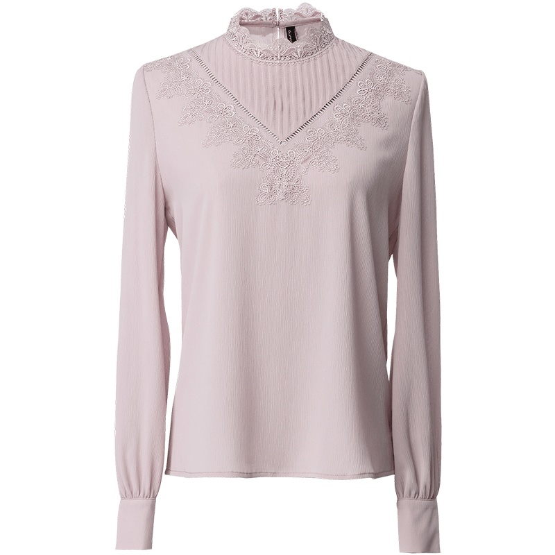 欧昵雪秋装蕾丝花边拼接压褶衬衫袖套头上衣女长袖雪纺衫