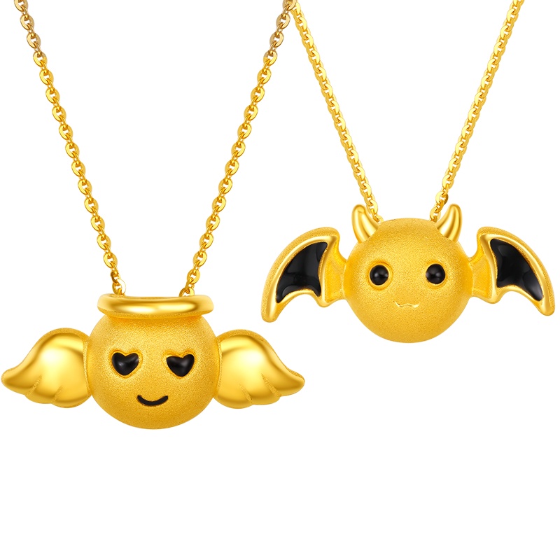 周大生 黄金小天使小恶魔吊坠 3D硬金工艺 萌趣情侣挂饰送恋人