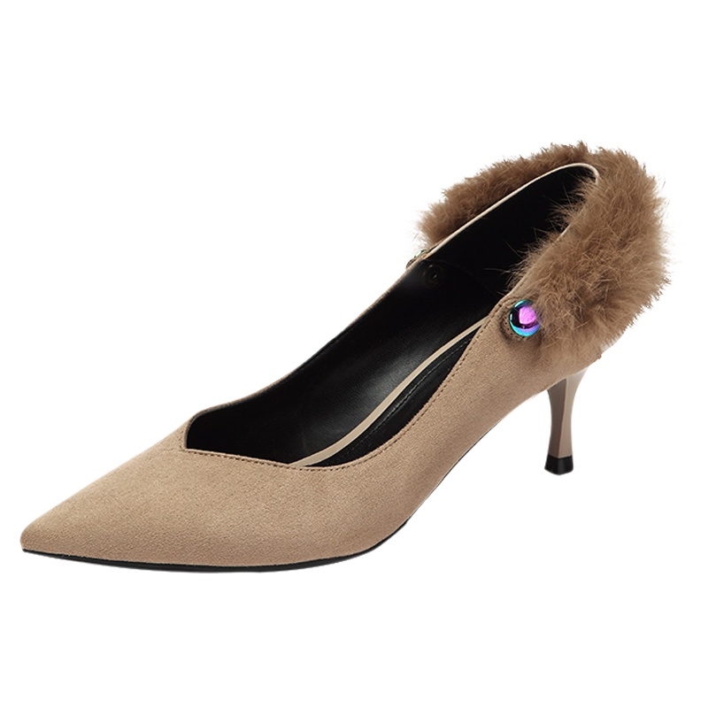 达芙妮新款毛毛细跟攀带绒面单鞋