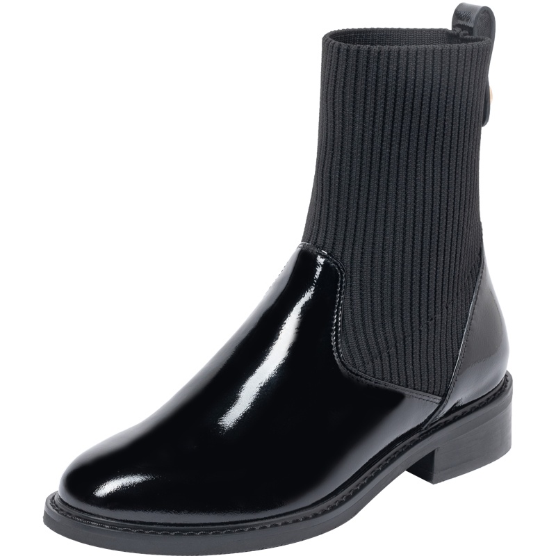 百田森商场同款袜靴女春季漆皮弹力瘦瘦靴粗中跟短筒靴女