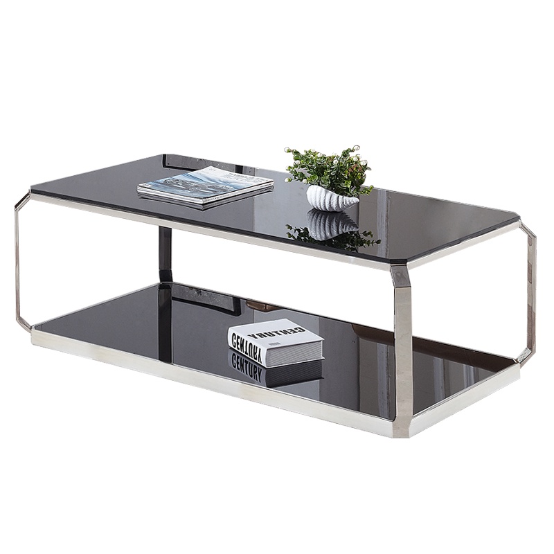 欧宝美现代简约办公创意茶几 不锈钢钢化玻璃茶几 客厅办公室茶几 黑色长方形黑耀V6