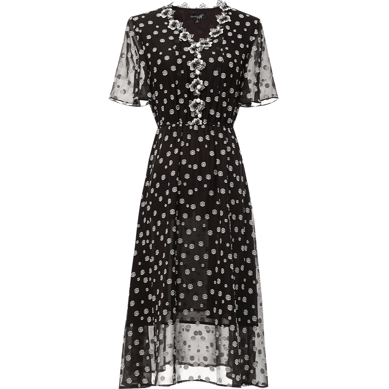 欧昵雪夏季气质荷叶袖V领高腰波点提花雪纺连衣裙女短袖