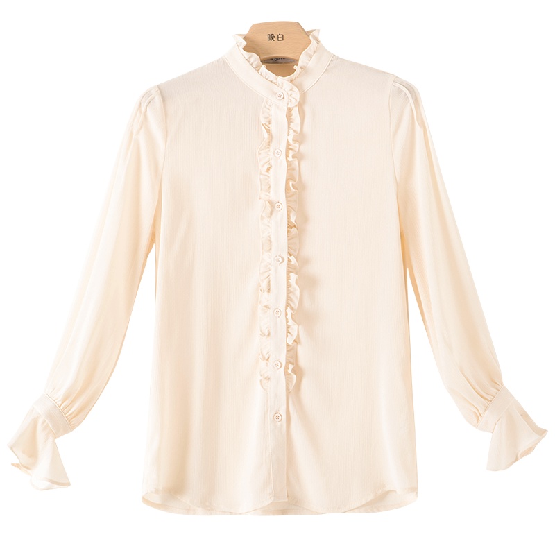 晚白2021春季新品简约纯色淑女百搭木耳边立领长袖常规衬衫衬衣女