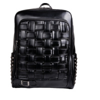 山奇品一个性韩版简约时尚拉链双肩包编织柳钉黑色男背包男士PU皮户外书包