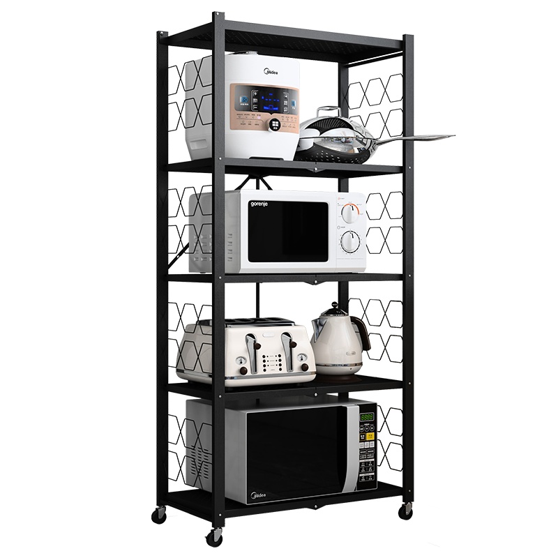 四季沐歌厨房置物架落地多层折叠微波炉家用储物货架调料收纳架子