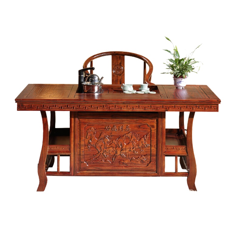 卓澳(ZHUOAO)榆木功夫茶桌家用中式实木茶桌椅组合马到成功茶台一桌五椅1500*800*720