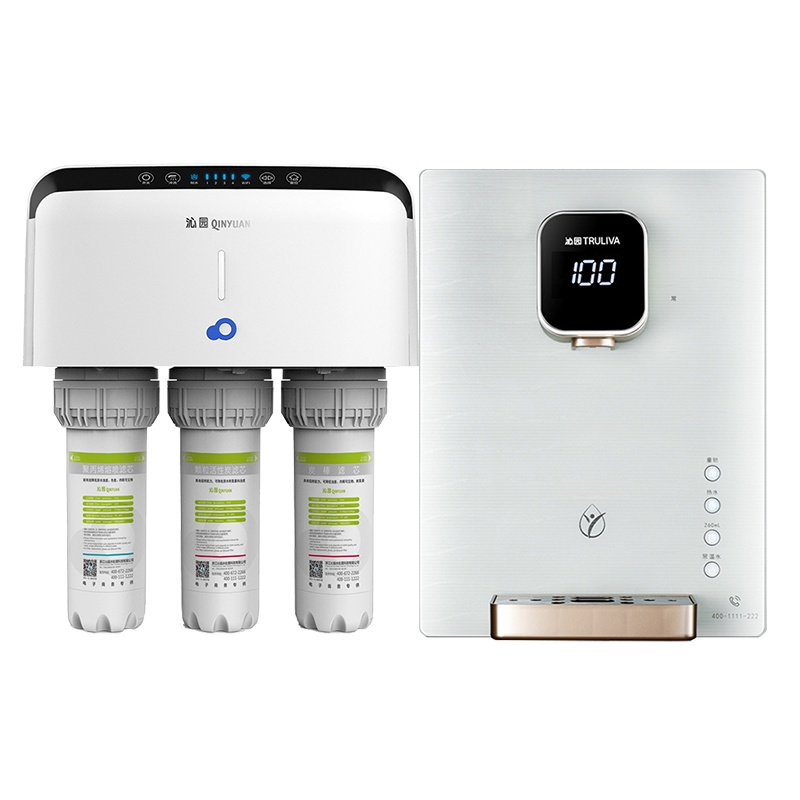 沁园(QINYUAN)厨下式家用净水器直饮反渗透无桶净水机QR-RL-403A(S)+LNW580-5W饮水机套餐大流量
